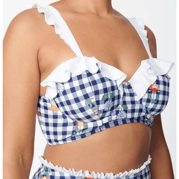 Unique Vintage Plus Size Navy Gingham & Floral Southampton Swim TOP 3X - Picture 1 of 5